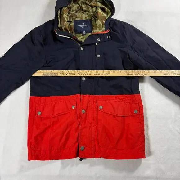 American Eagle Hooded Jacket XS Colorblock Red Navy Camo Lined Streetwear - Picture 7 of 10